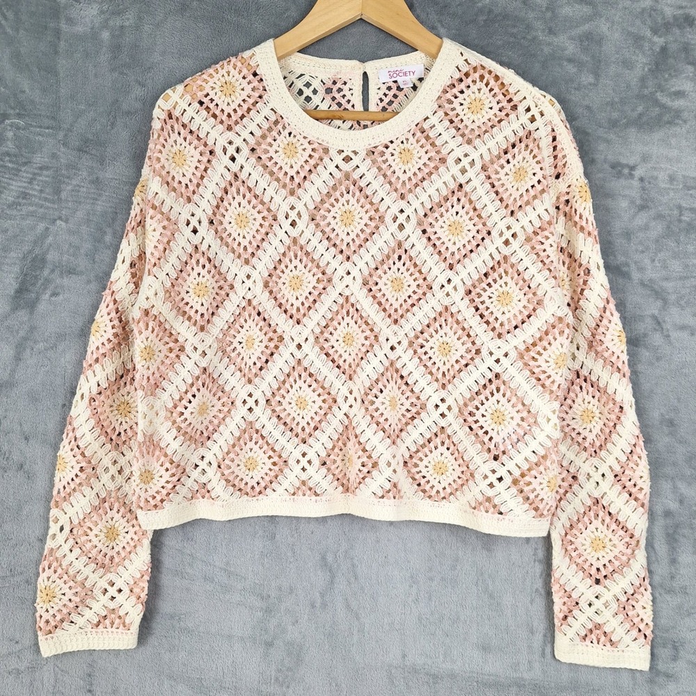 Womens Sweater XL Crochet Granny‎ Square Cottagecore Indie Boho Hippie Festival